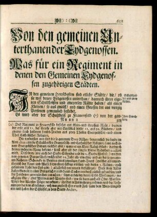 Von den gemeinen Unterthanen der Eydgenossen. Was für ein Regiment in denen den Gemeinen Eydgenossen zugehörigen Städten