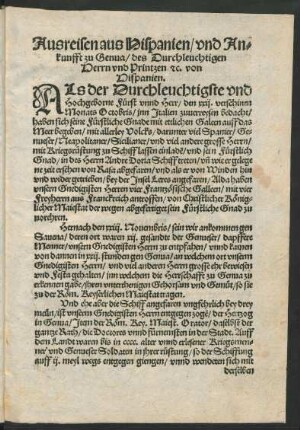 Ausreisen aus Hispanien/ und Ankunfft zu Genua/ des Durchleuchtigen Herrn und Printzen etc. von Hispanien.