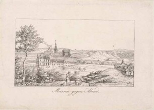 Stadtansicht von Meißen von Nordwesten mit Blick auf die Albrechtsburg links und Str. Afra rechts, aus "Die Stadt Meißen", 1829 von Paul Reinhard