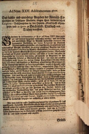 Ad Num. XXI. Additamentum 6tum. Das falsche und unrichtige Angeben der Römisch-Catholischen im Bisthum Wormbs, wegen ihrer vermeintlichen Religions-Beschwehrden in der Hintern-Graffschafft Sponheim, und in specie zu Birckenfeld, Trarbach und Traben betreffend
