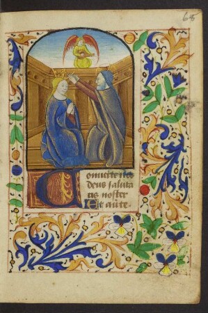 Vollbordürenseite mit Miniatur (Marienkrönung), Initiale D und Blattrankenbordüre
