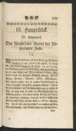 IX. Hauptstueck. III. Einwurf. Der Reichtum schadet der kloesterlichen Zucht.