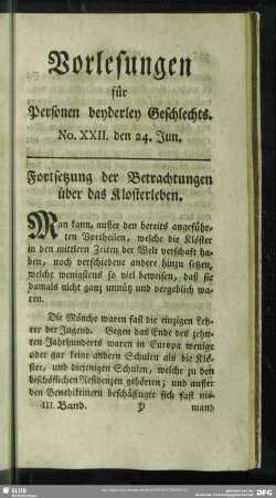 Fortsetzung der Betrachtungen über das Klosterleben : No. XXII. den 24. Jun.