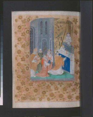 Horarium : Messe des heiligen Gregor, fol. 82v. Aus: Horarium. Pergament, Wasserfarben, Blattgold; 175 x 130 mm. Niederländisch, um 1500. Dresden: SLUB Mscr.Dresd.M.220