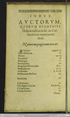 Index Auctorum, Quorum Dionysius Halicarnasseus in lib. de Collocatione mentionem facit