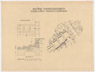 Garten Stier, Potsdam: Kleine Wasserbecken, zugleich Vogeltränke: Perspektivische Ansicht, Grundriss, Schnitt, Maßstabsleiste