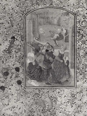 Horarium latinum, genannt Dresdner Gebetbuch : Illuminierte Seite mit Bethlehemitischem Kindermord. Blatt 67 aus: Horarium latinum (Stundenbuch), genannt Dresdner Gebetbuch. Niederländisch, um 1500. Wasserfarben auf Pergament; 13,5 x 9,5 cm. Dresden: SLUB Mscr.Dresd.A.311