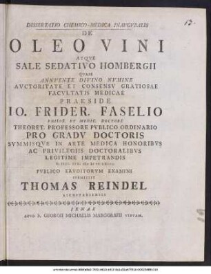 Dissertatio Chemico-Medica Inavgvralis De Oleo Vini Atqve Sale Sedativo Hombergii