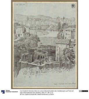 Blick von einem Standort südlich des Vestatempels auf Tivoli mit dem Wasserfall des Anio (Aniene)
