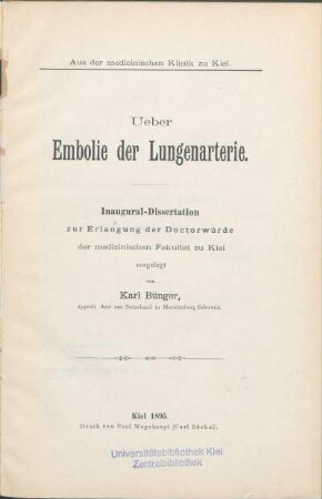 Ueber Embolie der Lungenarterie