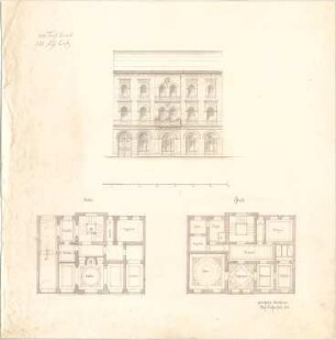 Reiffenstuel, Michael; Geschäfts- und Wohnhaus - Grundriss EG, Grundriss 1. OG, Aufriss