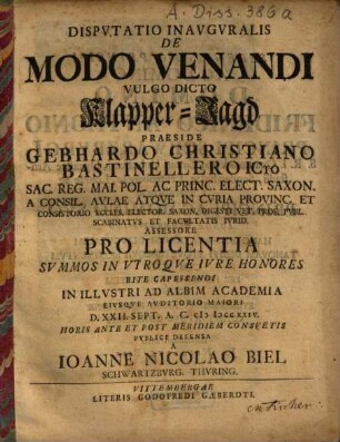 Disputatio Inauguralis De Modo Venandi Vulgo Dicto Klapper-Jagd
