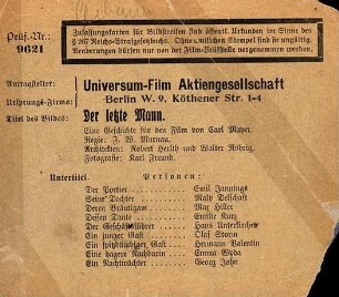 Zensurkarte (Titelseite) der Film-Prüfstelle Berlin, 13.8.1925