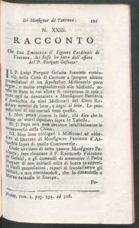 N. XXIII. Racconto che Sua Eminenza il Signore Cardinale di Tournon, lui stesso ha fatto dell' affare del P. Porquet Gesuita.