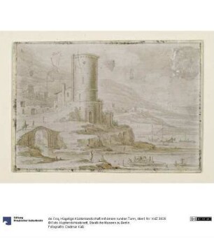 Hügelige Küstenlandschaft mit einem runden Turm