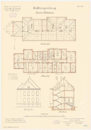 Kaserne für das Luftschiffer-Bataillon, Berlin-Jungfernheide: Beamtenwohnhaus: Grundriss 1. Obergeschoss, Dachgeschoss, Querschnitt, Ostansicht 1:100
