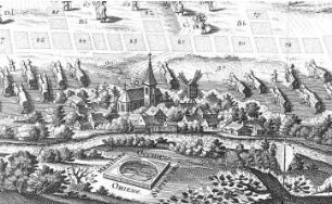 Rackwitz-Podelwitz. Ortsansicht mit Bockmühle, Ausschnitt aus der Darstellung der Schlacht bei Breitenfeld 1631, Kupferstich