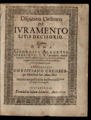 Disputatio Ordinaria De Iuramento Litis Decisorio