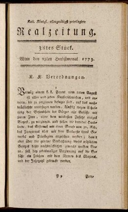 38tes Stück. Wien den 25ten Herbstmonat. 1773.