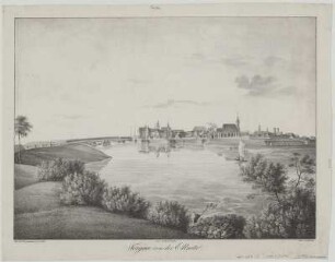 Ansicht von Torgau von der Elbseite, Lithographie, 1835 : Fricke, Friedrich August : Torgau von der Elbseite / . 1nach der Natur gezeichnet von A. Kurz. Lith. v. F. A. Fricke. - Leipzig : Kneisel , Leipzig : Kneisel , [ca 1835]. - 1 Ansicht auf 1 Kunstbl. : Lithogr. , 46 x 35 cm