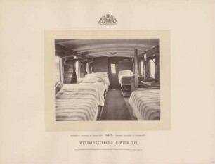 Innenansicht eines "Eisenbahn-Sanitäts-Train Wagen für Verwundete" bei der Weltausstellung in Wien
