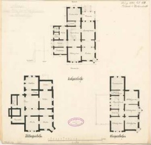 Villa für M. Katzenstein, Bielefeld Monatskonkurrenz März 1884: Grundriss Keller, Erdgeschoss, Obergeschoss 1:150; Maßstabsleiste