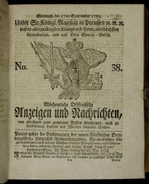 No. 38. Montags, den 17ten September 1759.