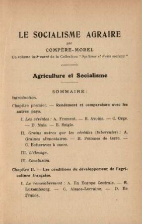 Le Socialisme Agraire ... Agriculture et Socialisme Sommaire