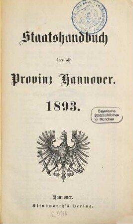 Staats-Handbuch über die Provinz Hannover. 1893