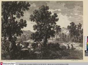 [Waldlandschaft mit Wanderern und dem Ausschnitt einer Stadt im Hintergrund]