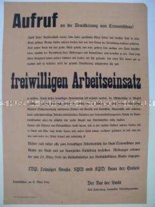 Maueranschlag mit Aufruf des "Antifaschistischen Blocks" an die Bevölkerung von Grimmitschau zum freiwilligen Arbeitseinsatz