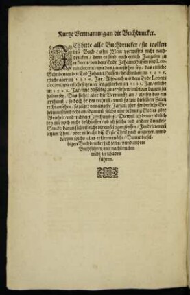Kurtze Vermanung an die Buchdrucker.
