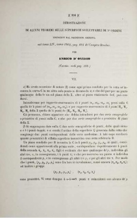 Dimostrazione di alcuni teoremi sulle superficie sviluppabili di 5° ordine enunciati dal professor cremona nel tomo LIV, anno 1862, pag. 604 de' Comptes Rendus. (Contin. vedi pag. 189.).