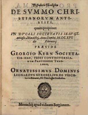 Disputatio Theologica De Svmmo Christianorvm Antistite