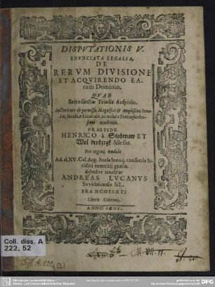 Dispvtationis V. Envnciata Legalia, De Rervm Divisione Et Acqvirendo Earum Dominio