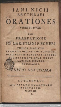 Iani Nicii Erythraei Orationes Viginti Duae