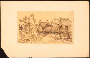 Dorf auf Borneo: Perspektivische Ansicht einiger Pfahlhäuser mit Totem (Durchzeichnung nach Globus, 1871, S. 262)