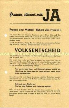 Aufruf des Landesfrauenausschusses Sachsen, beim Volksentscheid für die Enteignung von Nazi- und Kriegsverbrechern zu stimmen