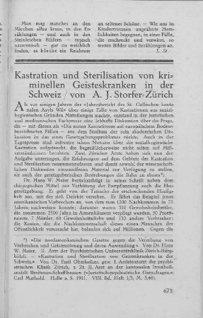 Kastration und Sterilisation von kriminellen Geisteskranken in der Schweiz