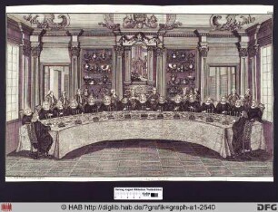 Historische Darstellung: Abbildung einer Tafelrunde, vermutlich in einem Rats - oder Schloßsaal oder einem patrizischen Saal.