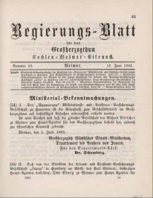 55. Ministerial-Bekanntmachung, den Wechsel in den Haupt-Agenturen der Lebens- und Pensions-Versicherungs-Gesellschaft "Janus " zu Hamburg betreffend