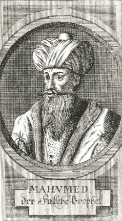 Phantasie-Bildnis des Propheten Muhammad : Phantasie-Bildnis des Propheten Muhammad. Kupferstich; 17,5 x 10,5 cm (1772). Aus. Die türkische Bibel oder des Korans allererste teutsche Übersetzung aus der Arabischen Urschrift. Dresden: SLUB 1.A.1831