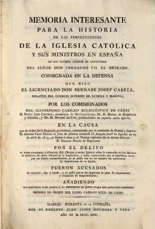 Memoria interessante para la Historia de las Persecuciones de la Iglesia Catolica y sus Ministros en España