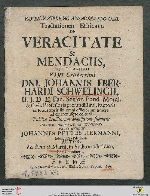 Tractationem Ethicam De Veracitate &[Et] Mendaciis : cap. II. & VII. ejus Prophet. descriptio