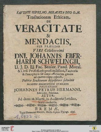 Tractationem Ethicam De Veracitate &[Et] Mendaciis : cap. II. & VII. ejus Prophet. descriptio