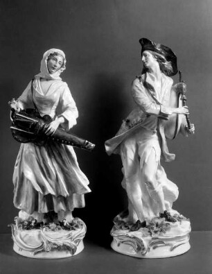 Zwei Straßenmusikanten: Jüngling mit Dudelsack und Mädchen mit Drehgeige