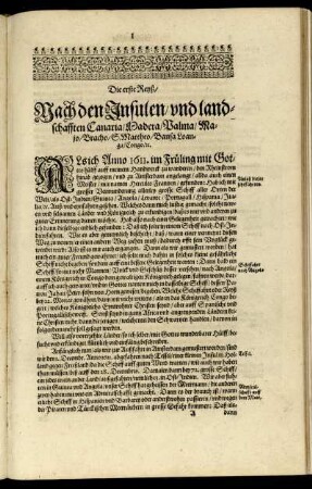 Die erste Reyß, Nach den Insulen, und landschafften Canaria, Madera, Palma, Majo, Bracho, S. Mattheo, Bansa Loanga, Congo, [et]c.