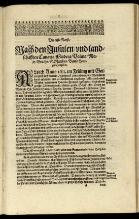 Die erste Reyß, Nach den Insulen, und landschafften Canaria, Madera, Palma, Majo, Bracho, S. Mattheo, Bansa Loanga, Congo, [et]c.