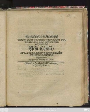 Engels-Triumph Über Den Freudenreichen Geburts-Tag des Herrn ... Jesu Christi ...