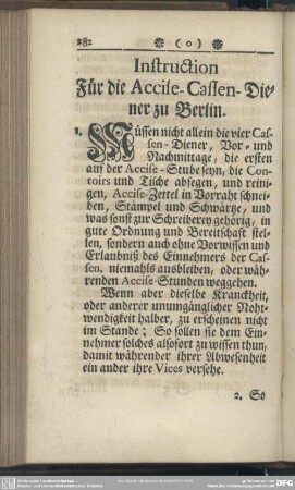 Instruction Für die Accise-Cassen-Diener zu Berlin